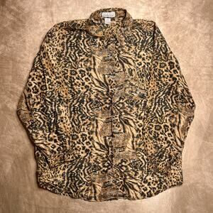 Vintage 80s Classic Expressions Animal Print Button Up Shirt Silk Cheetah Indie